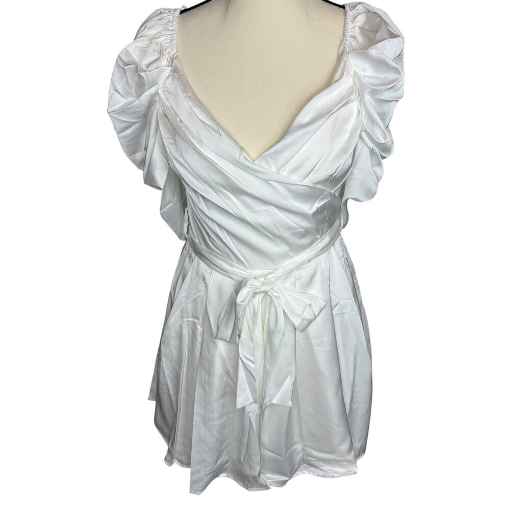 Mustard Seed White Satin Mini Dress Small Puff Sleeve Ruched Tie Cottagecore NWT - Picture 2 of 8